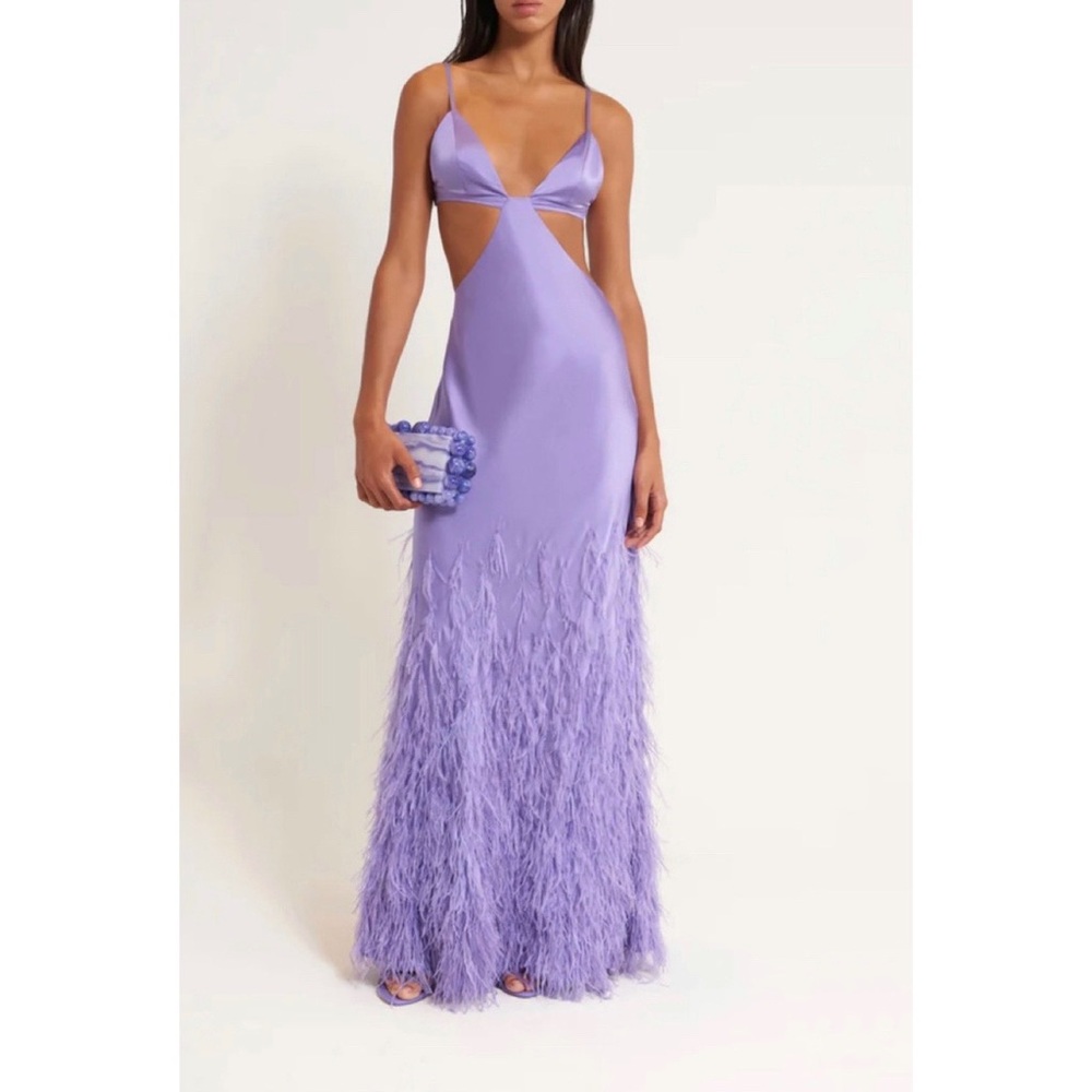 CULT GAIA Raisa Silk Ostrich Feather Backless Gown in Lilac Purple, size medium